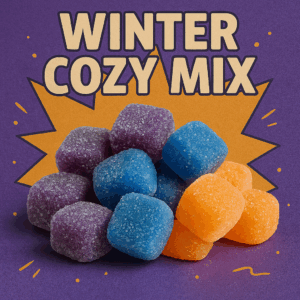 Winter Cozy Mix by Nood Gummies—organic, vegan Delta-9 THC gummies in Grape Escape, Blueberry Blast, and Peach Paradise. Comfort flavors for cooler months.